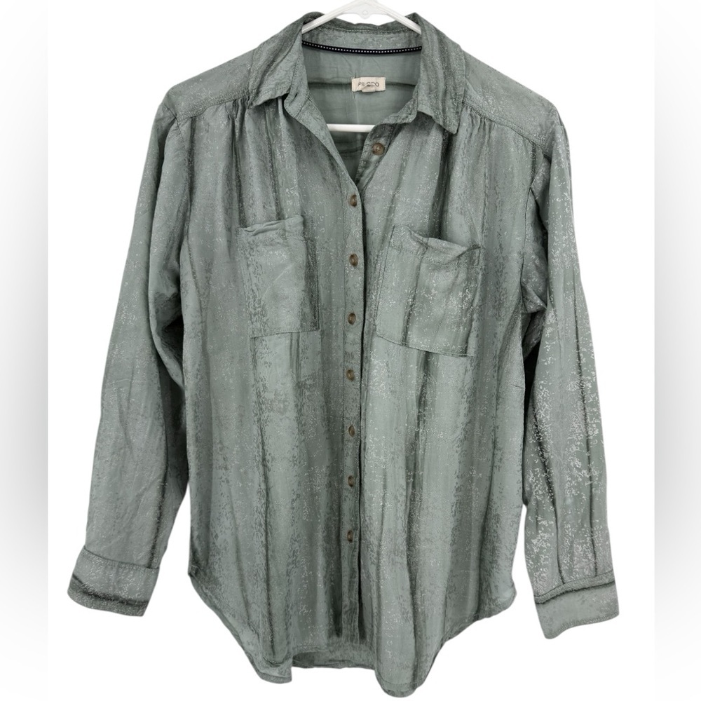 Anthropologie Pilcro Sage Green Foil Shine Button Down Shirt Top Size S - Picture 5 of 16